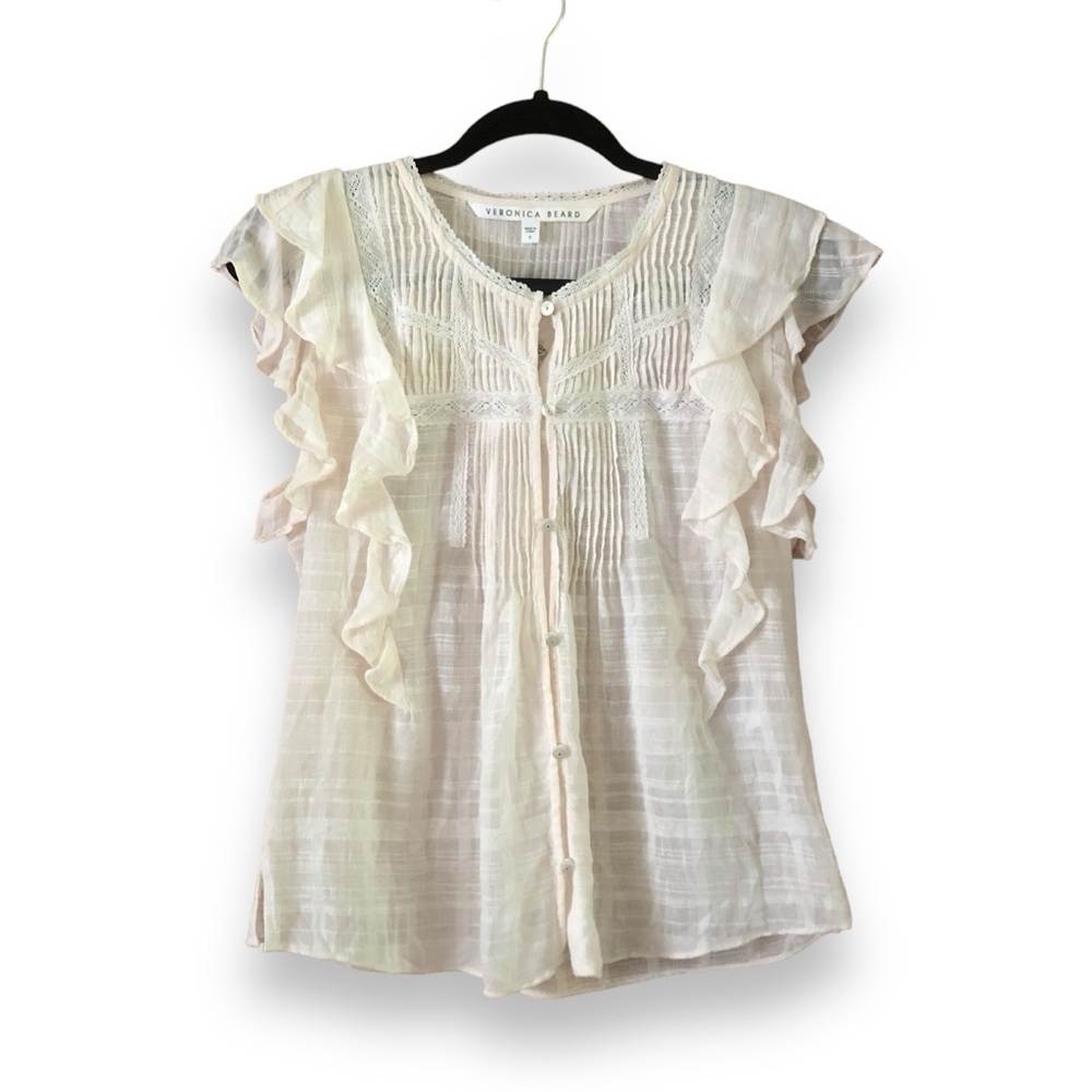Veronica Beard Claire Ruffle Cotton Voile Top Lace Ruffles Cream Ivory Size 8